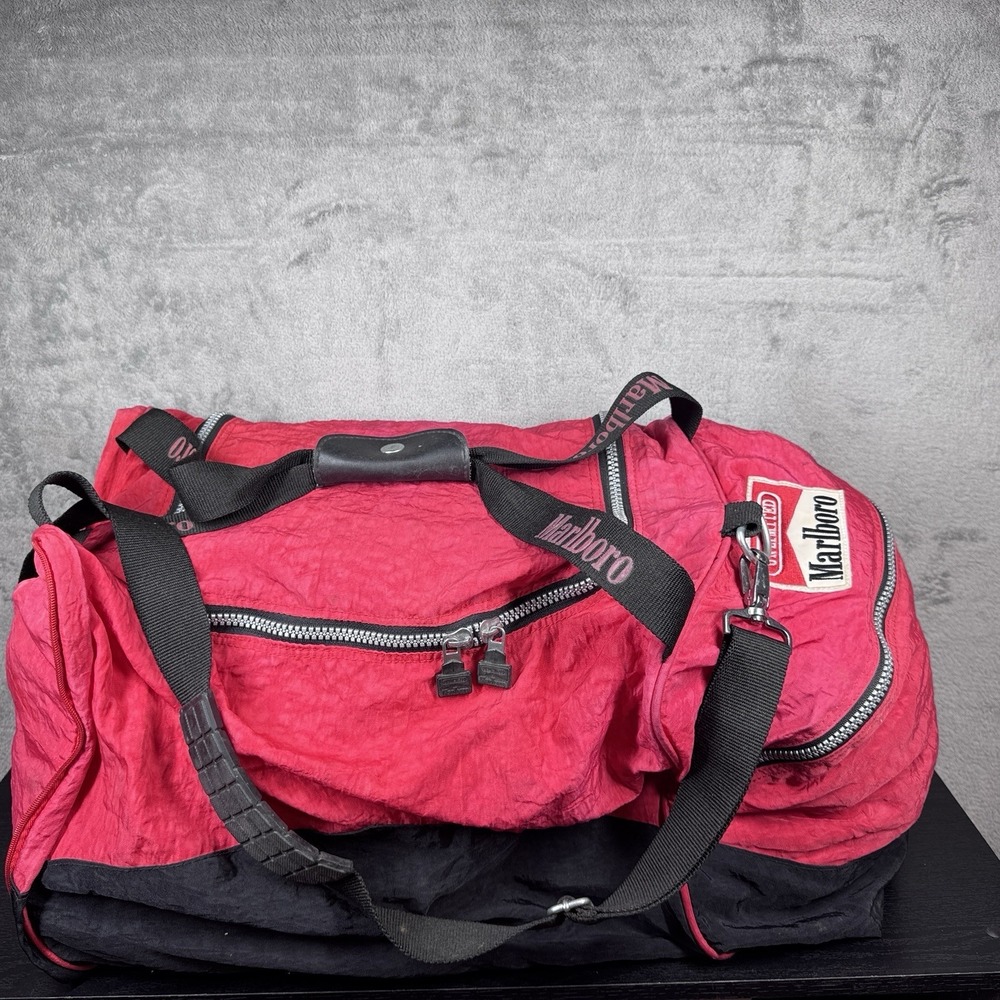 Vintage 90s Marlboro Unlimited Duffel Bag Red Black Nylon Travel Gym 23x14x12